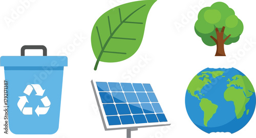 Recycling bin, leaf, solar panel, tree, and globe represent environmental awareness.