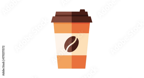 A disposable coffee cup with a coffee bean logo is isolated on a white background.