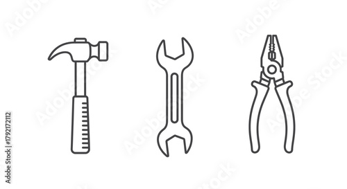 Three essential tools: a hammer, a wrench, and pliers, are depicted in a simple line drawing.