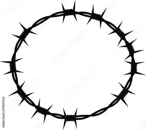 Circular barbed wire, sharp metal ring, twisted strands, security symbol, danger loop, protective barrier, black silhouette, confinement design, vector illustration
