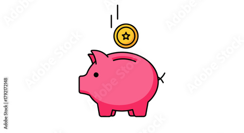 A pink piggy bank receives a golden coin with a star symbol against a white background.