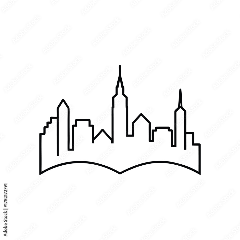 Fototapeta premium Cityscape on Open Book Logo. Minimalist line art illustration of a city skyline rising from the pages of a textbook. Concept for urban knowledge, education, or metropolitan library.