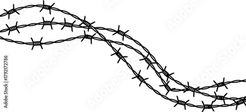 Curved barbed wire strands, artistic metal design, sharp texture, industrial pattern, security concept, danger symbol, abstract wire shape, protective barrier