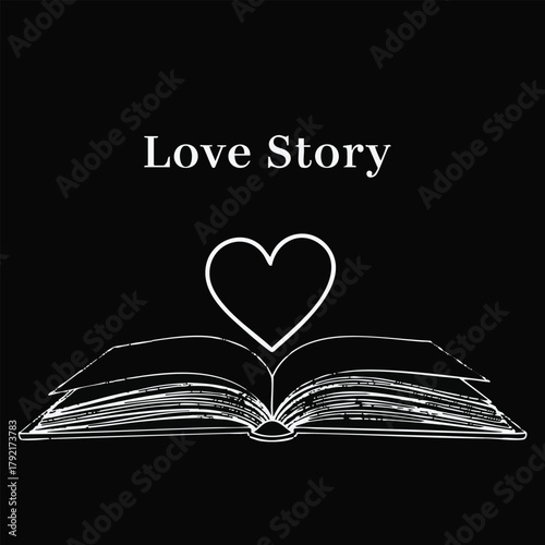 Love story text with heart and book isolated on