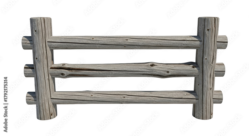 Obraz premium Weathered gray wooden log fence section with three horizontal rails and two vertical posts isolated on a transparent background