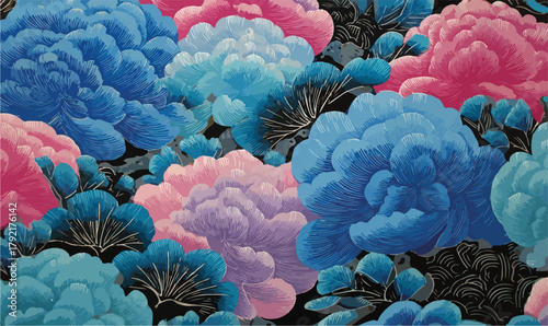 Un vibrante y elegante patrón floral vectorial con peonías de colores rosa, azul y púrpura sobre un fondo oscuro, ideal para diseños decorativos y textiles.