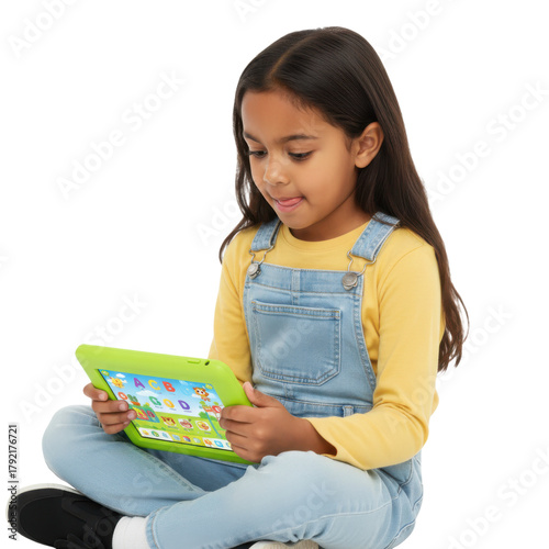 Smiling girl sitting and using tablet isolated on transparent background