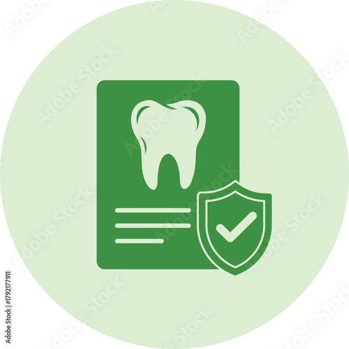 Green tooth icon with shield and checkmark on light green circle dental insurance