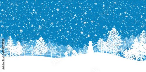 Paisaje invernal con árboles nevados y copos cayendo sobre un fondo azul profundo.