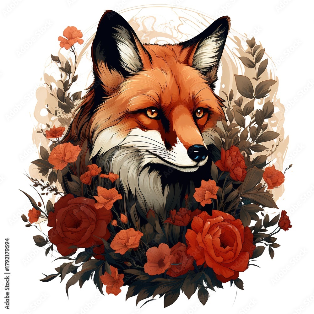 Obraz premium tattoo design fox surrounded by flowers and has very cute and friendly expression. image has a warm and inviting mood and it seems to be piece of art or drawing