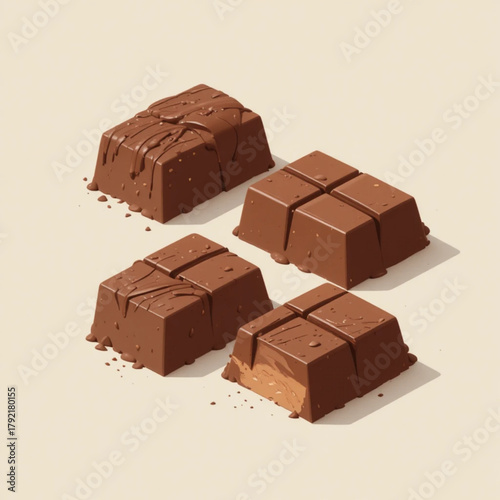 Illustration of three flat colored chocolate pieces 