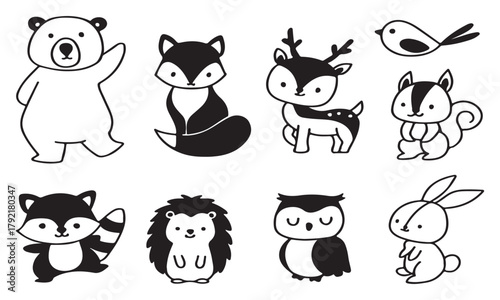 Adorable Black and White Forest Animals Bear, Fox, Deer, Bird, Squirrel, Raccoon, Hedgehog, Owl, and Rabbit Illustrations