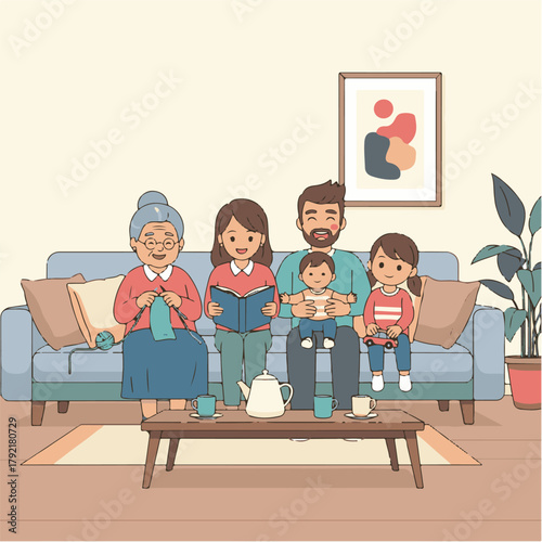 Cartoon illustration of a multi-generational family sitting together on a sofa in their living room, enjoying each other's company and various activities.