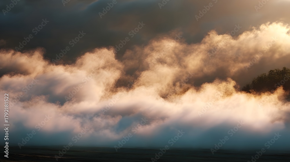 Naklejka premium Ethereal golden mist swirls across a serene rural landscape at dawn illuminated by soft sunlight breaking through dramatic clouds