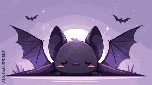 Murciélago adorable y lindo durmiendo bajo la luna llena en un cielo morado con nubes y estrellas.