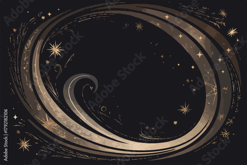 Fondo abstracto de vector con remolinos dorados y estrellas brillantes sobre fondo negro