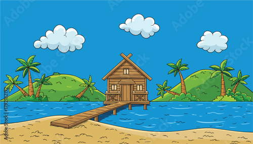Tropical Island Vacation Getaway with Wooden Bungalow and Palm Trees Illustration