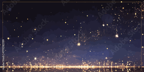 Fondo abstracto de vector con luces doradas y destellos sobre un cielo nocturno azul profundo.