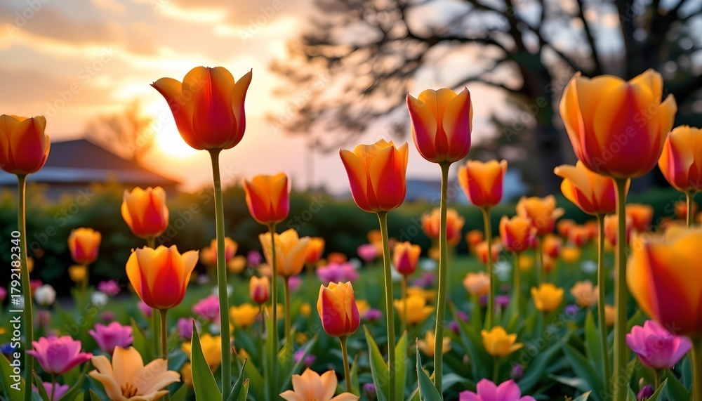 Fototapeta premium Spring Garden with Tulips Sunset Impressionist Style