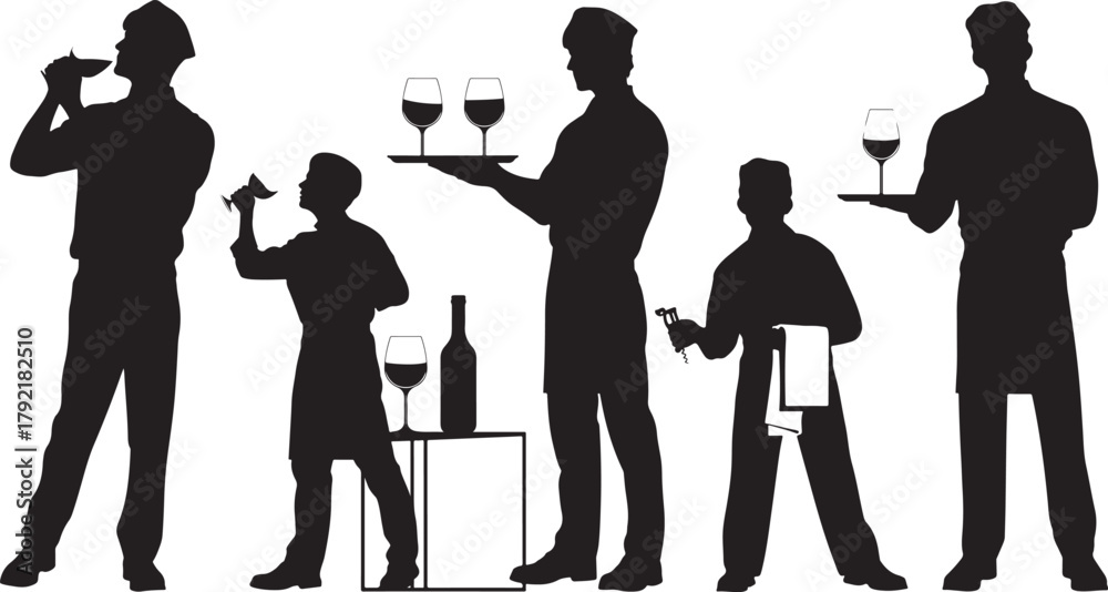 Obraz premium Silhouettes of Waiters Serving Wine and Tasting at a Restaurant