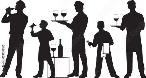 Silhouettes of Waiters Serving Wine and Tasting at a Restaurant