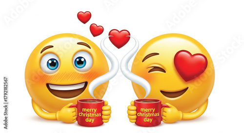Two cheerful emoji faces share a warm drink, their affection symbolized by floating hearts. A festive image conveying love, joy, and holiday spirit. Merry Christmas!