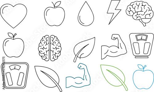 Health and Wellness Icons: Heart, Apple, Brain, Muscle, Scale, Leaf, Water Drop