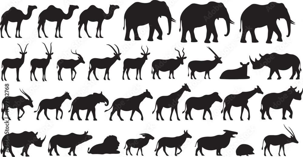 Fototapeta premium Collection of African Wildlife Silhouettes: Elephants, Rhinos, Camels, and Antelopes