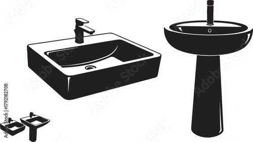Black and White Vector Illustrations of Modern Bathroom Sinks and Faucets