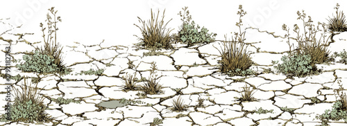 Vector de un paisaje árido con tierra agrietada y vegetación escasa que sobrevive en condiciones secas.