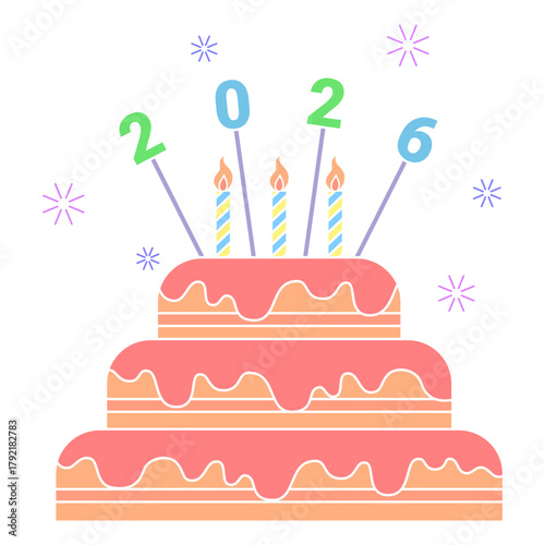 Vector illustration of 2026 number placed on a cake with candles on transparent background