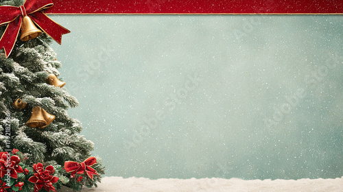 Christmas Tree With Red Ribbon and Snowy Background