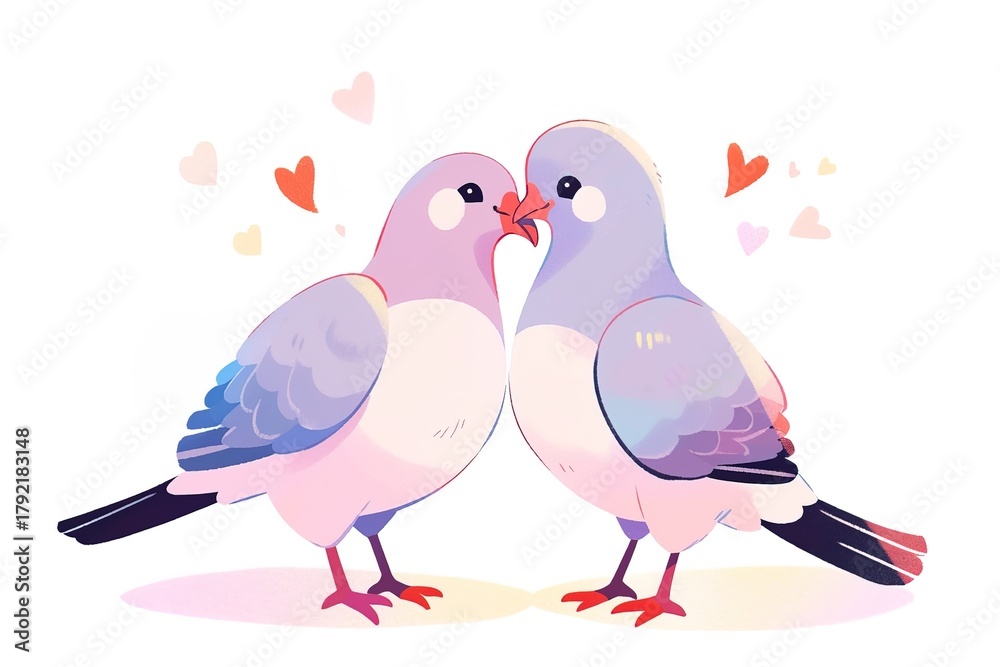 Obraz premium Two cute kawaii pigeons express love as they face each other, surrounded by playful hearts isolated on white. colorful design captures lighthearted and romantic scene ideal for celebrating love