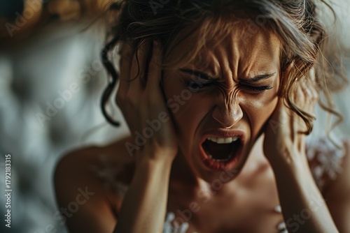 close-up frightened nervous bride is screaming in room. She is wearing a white wedding dress. Scene is intense and emotional