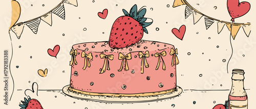 Ilustración vectorial de pastel de fresa con decoración festiva y globos, ideal para celebraciones.