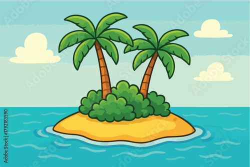 Cartoon tropical island with palm trees in the ocean paradise scene