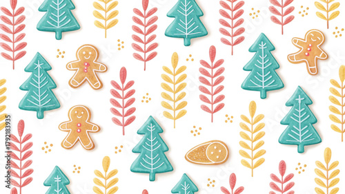 Christmas cookies with colorful icing minimalist yet joyful pattern white background Vector background 