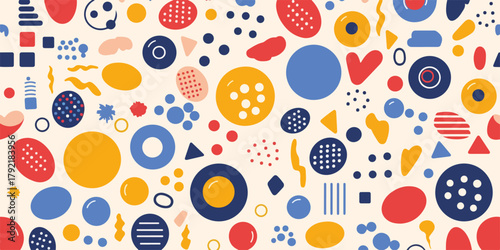 Fondo abstracto de formas geométricas y orgánicas en colores primarios y pastel, estilo moderno.