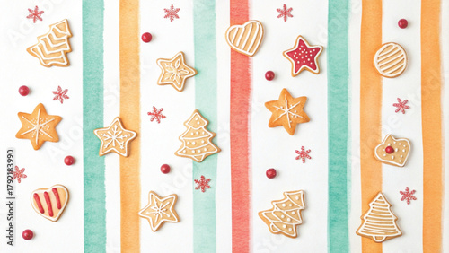 Christmas cookies with colorful icing minimalist yet joyful pattern white background Vector background 