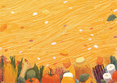Fondo abstracto con elementos de comida y naturaleza, estilo vector, colores cálidos.