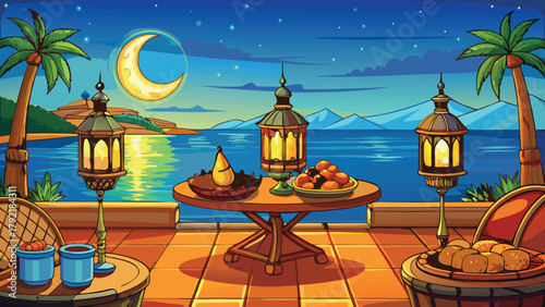 Beautiful coastal evening scene with table full of dates or iftar items vector illustration ai generated