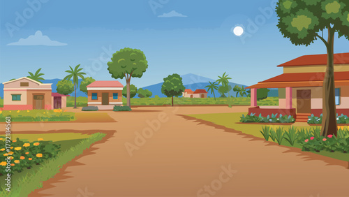 Joyous Asian Hillside Settlement with Scenic Green Mountains, vector illustration ai generated