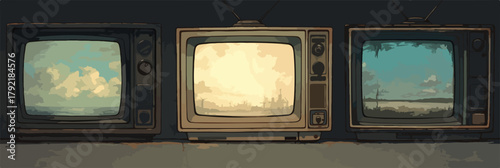 Tres televisores antiguos muestran diferentes paisajes, evocando nostalgia y la evolución de la tecnología.