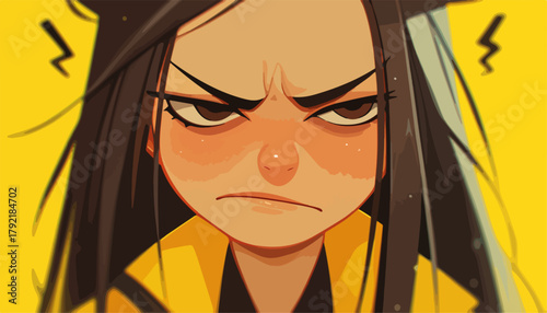 Ilustración vectorial de una mujer enojada con expresión facial intensa y cejas fruncidas, fondo amarillo.