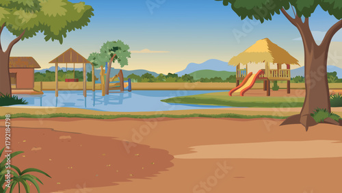 Picturesque Asian Mountain Village with Gentle Green Hills, vector illustration ai generated
