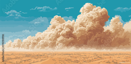 Nubes de tormenta de arena sobre un paisaje desértico, ilustración vectorial