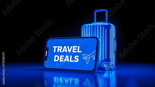 Travel deals neon style illustration with glowing suitcase and smartphone on dark background  
