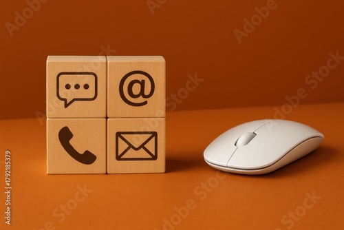 Communication icons on wooden blocks beside a white computer mouse, symbolizing diverse contact methods in business. Concept of connectivity, technology, and customer engagement.