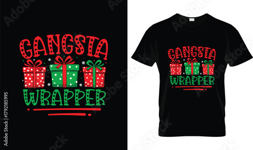 Gangsta Wrapper Christmas T-Shirt Design with Festive Gift Boxes, Holiday Typography and Fun Seasonal Illustration