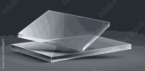 Dos placas de vidrio transparente apiladas en un fondo oscuro y liso, representación vectorial